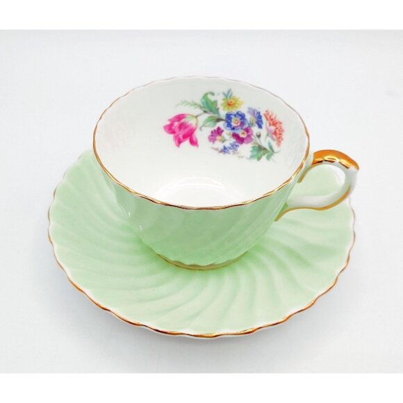 Aynsley Green Swirl Bone China Afternoon Tea in Pale Spring Green with Floral - Picture 1 of 12